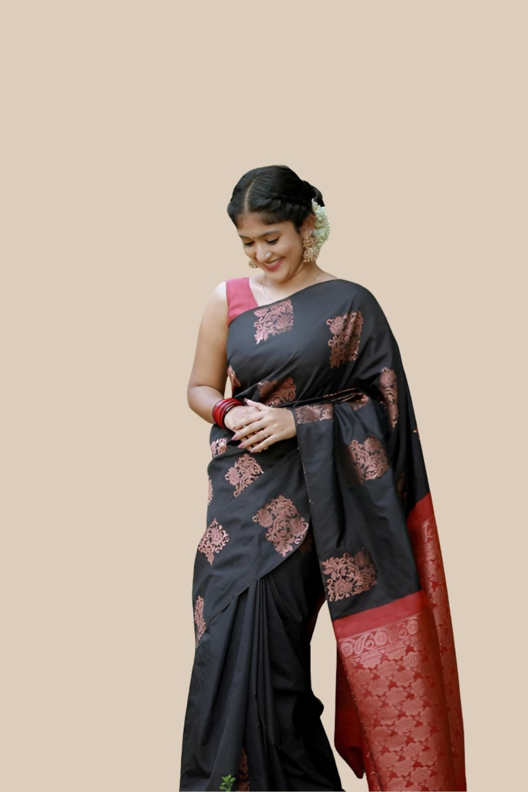 Studio front shot of black-red printed silk saree with blouse
