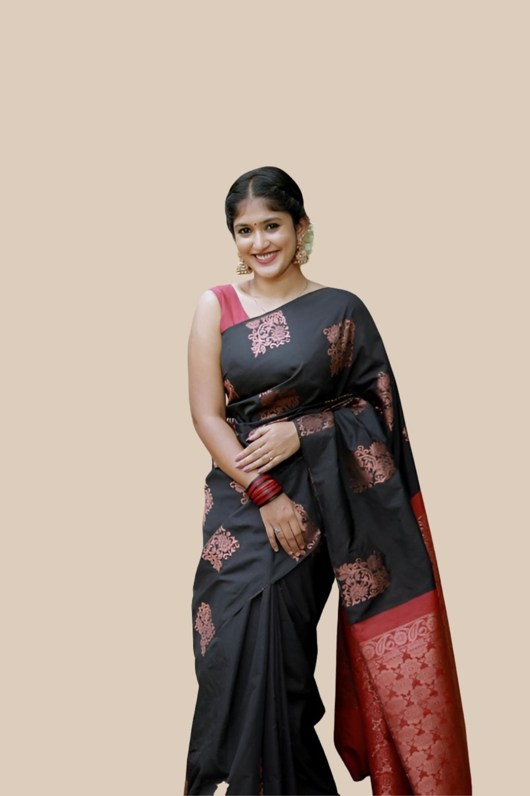 Studio front shot of black-red printed silk saree with blouse