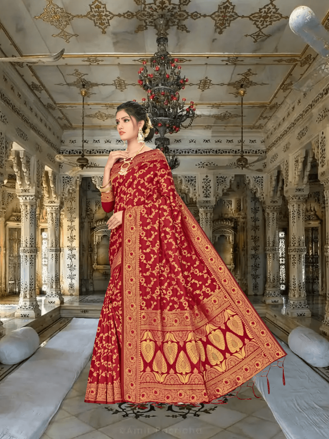 Model twirling: brighter maroon silk catching light like stained glass