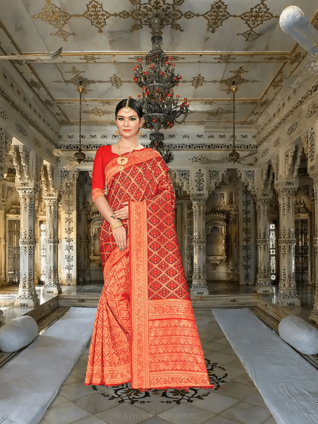 Close-up of unique abstract gold motifs on red silk in ornate setting