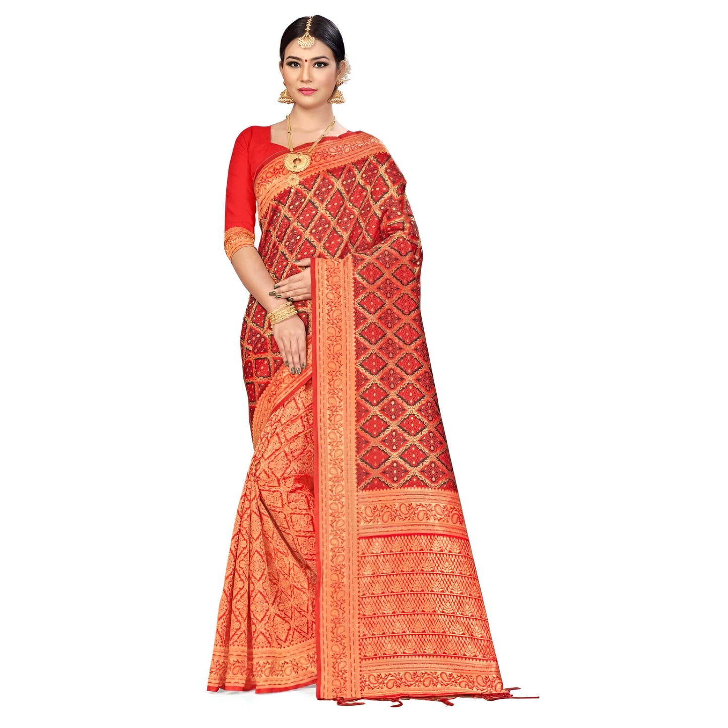 Full view of red Banarasi silk saree with broad golden borders on white backdrop