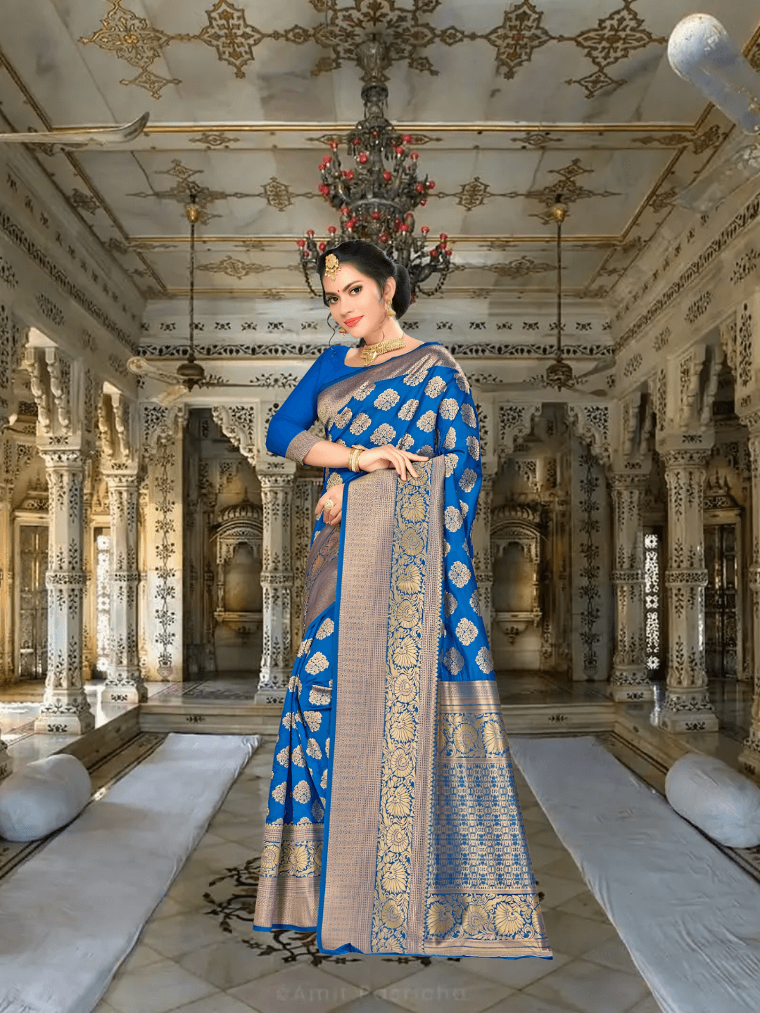 Close-up of golden border on rich blue Banarasi silk saree in heritage setting