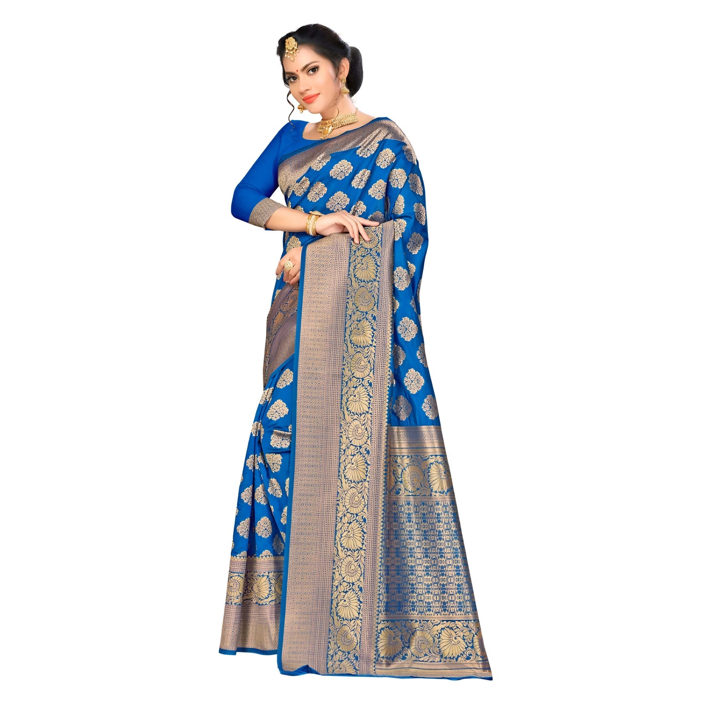 Full view of Banarasi silk saree in studio with gold abstract motifs on blue body