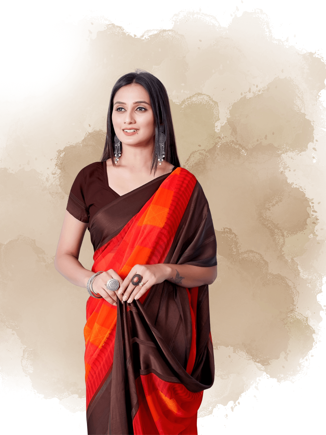 view of solid saree with brown blouse contrast