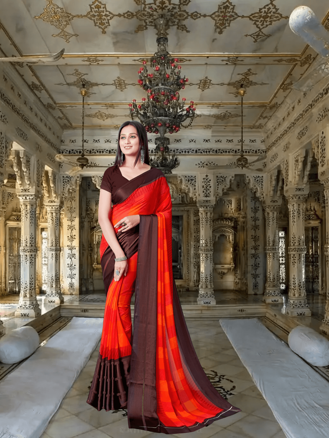 Bride walking in solid earth-tone saree with color-blend pallu
