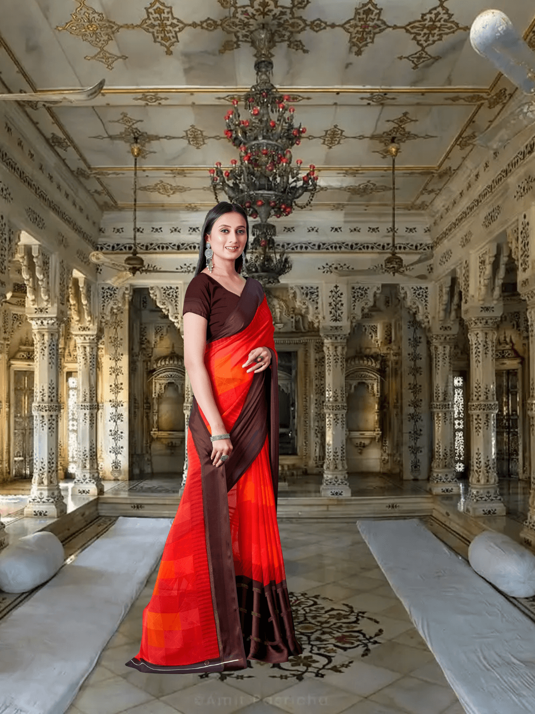 Bride walking in solid earth-tone saree with color-blend pallu