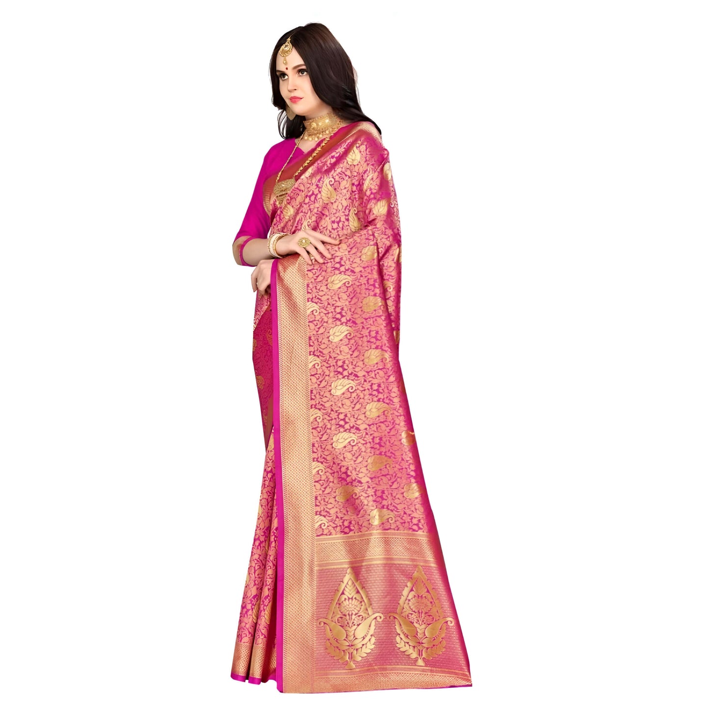 Full view of pink Banarasi silk saree with golden borders on white background