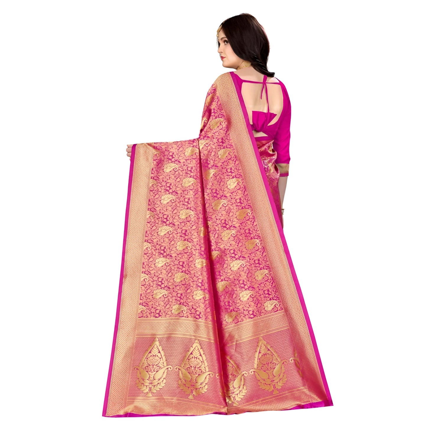 Golden pallu of pink saree displayed in full view in studio