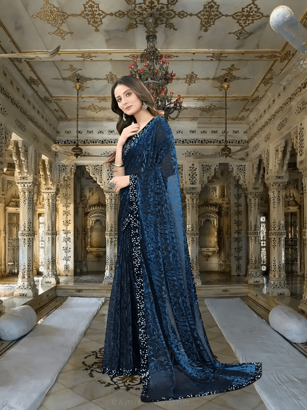 Confident woman in blue Lycra saree closing business deal
