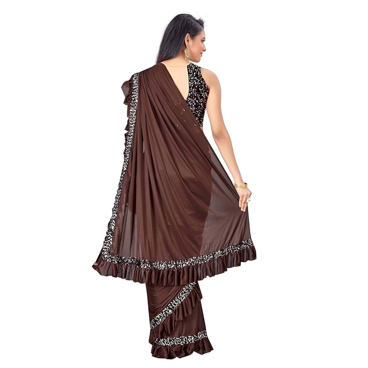 Close-up of brown Lycra saree pallu – sleek texture
