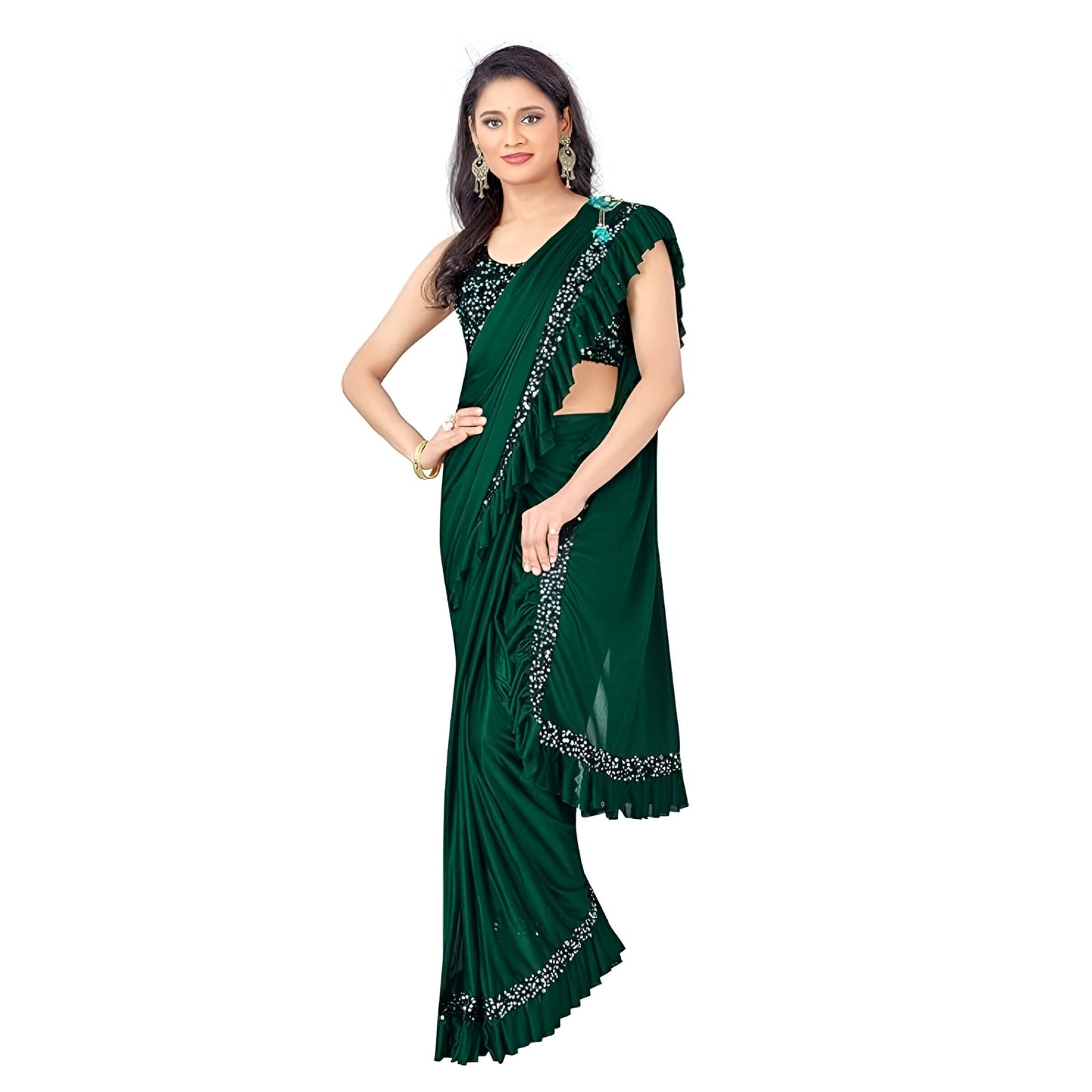 Close-up of emerald green Lycra saree pallu – sleek texture
