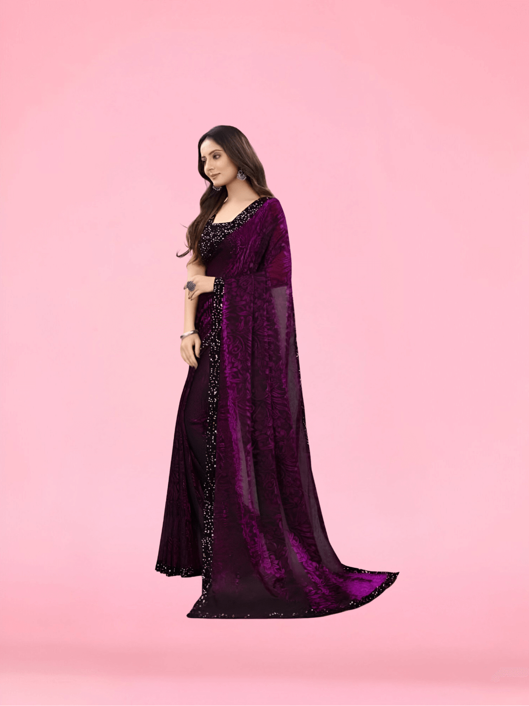 Close-up of wine floral saree pallu – elegant print