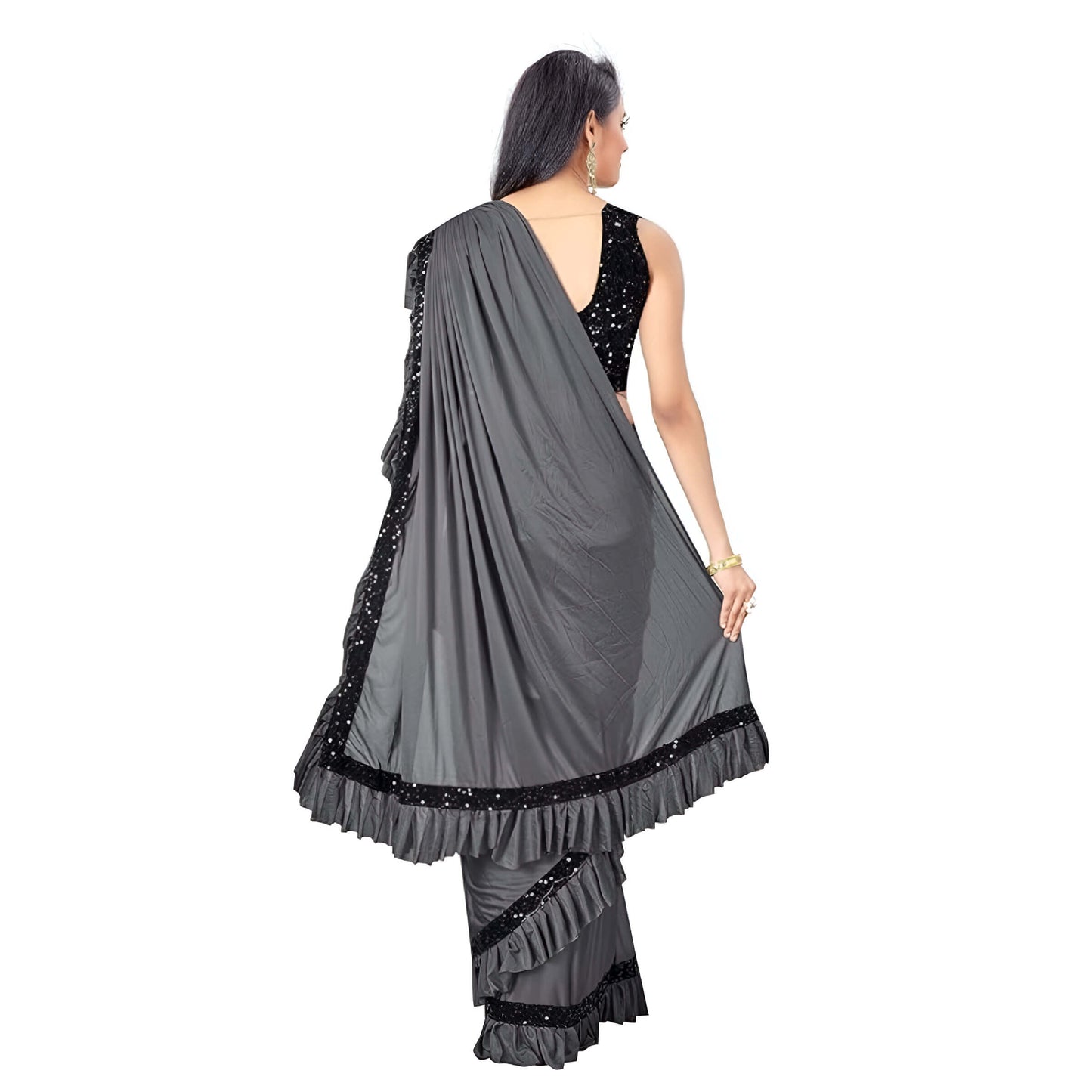 Close-up of grey Lycra saree pallu – sleek texture