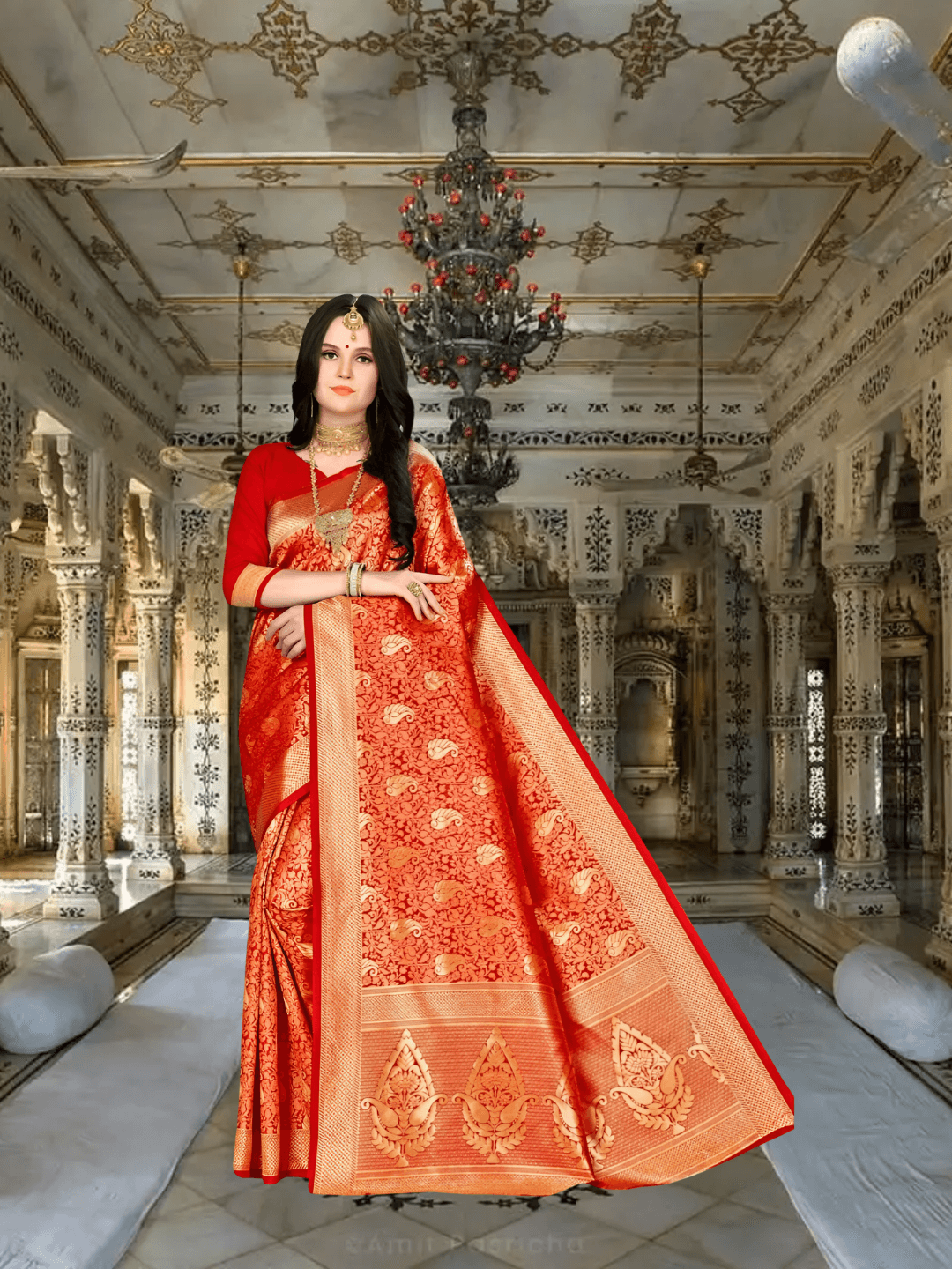 Close-up of golden zari border on red Banarasi silk saree in palace scene
