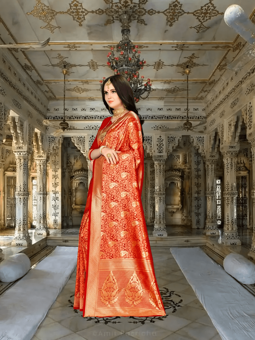 Model in deep red Banarasi silk saree with gold abstract motifs in royal setting