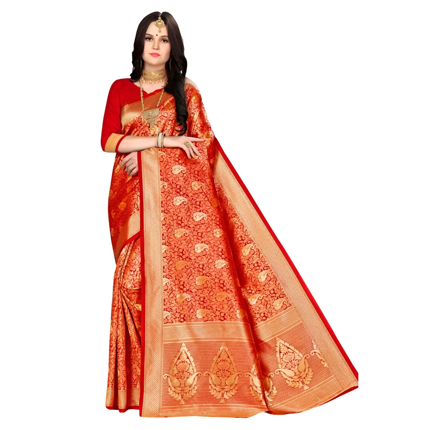 Full-length studio shot of red Banarasi silk saree with gold abstract work