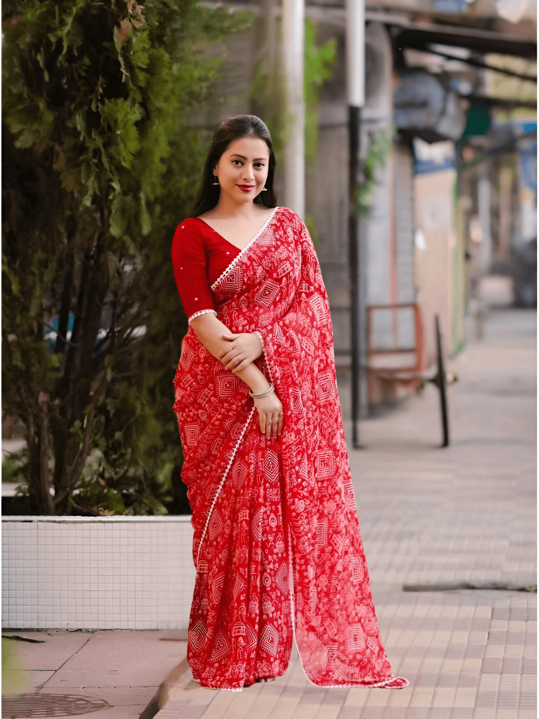 Macro of unconventional abstract prints on red georgette