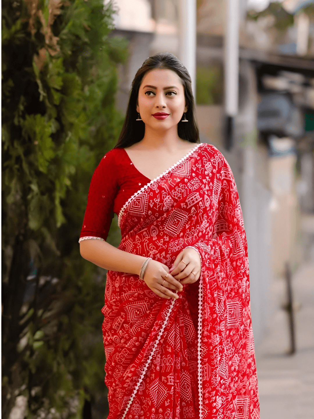 Model showcasing avant-garde pattern play in motion