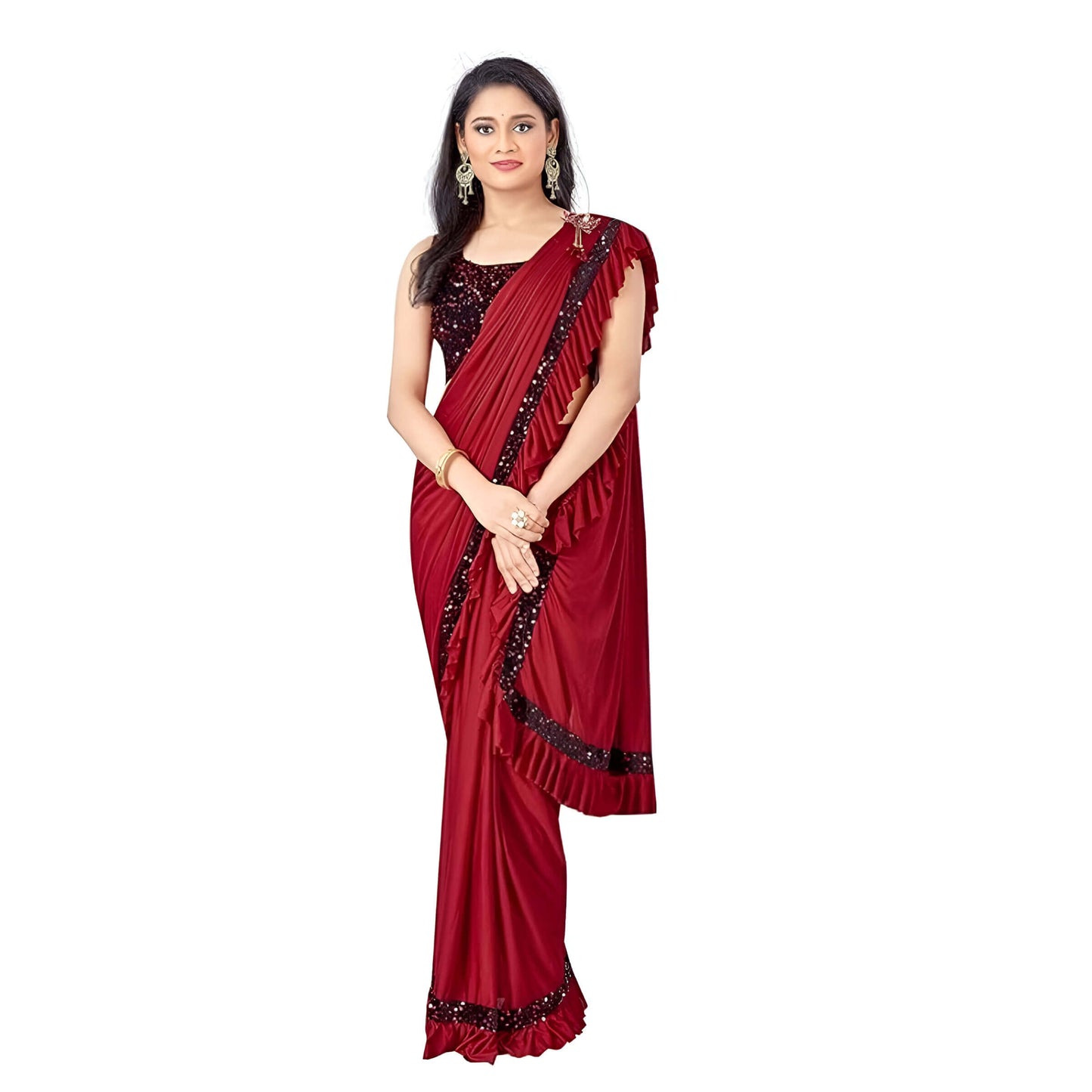 Vibrant red Lycra saree with matching blouse - festive wear essential