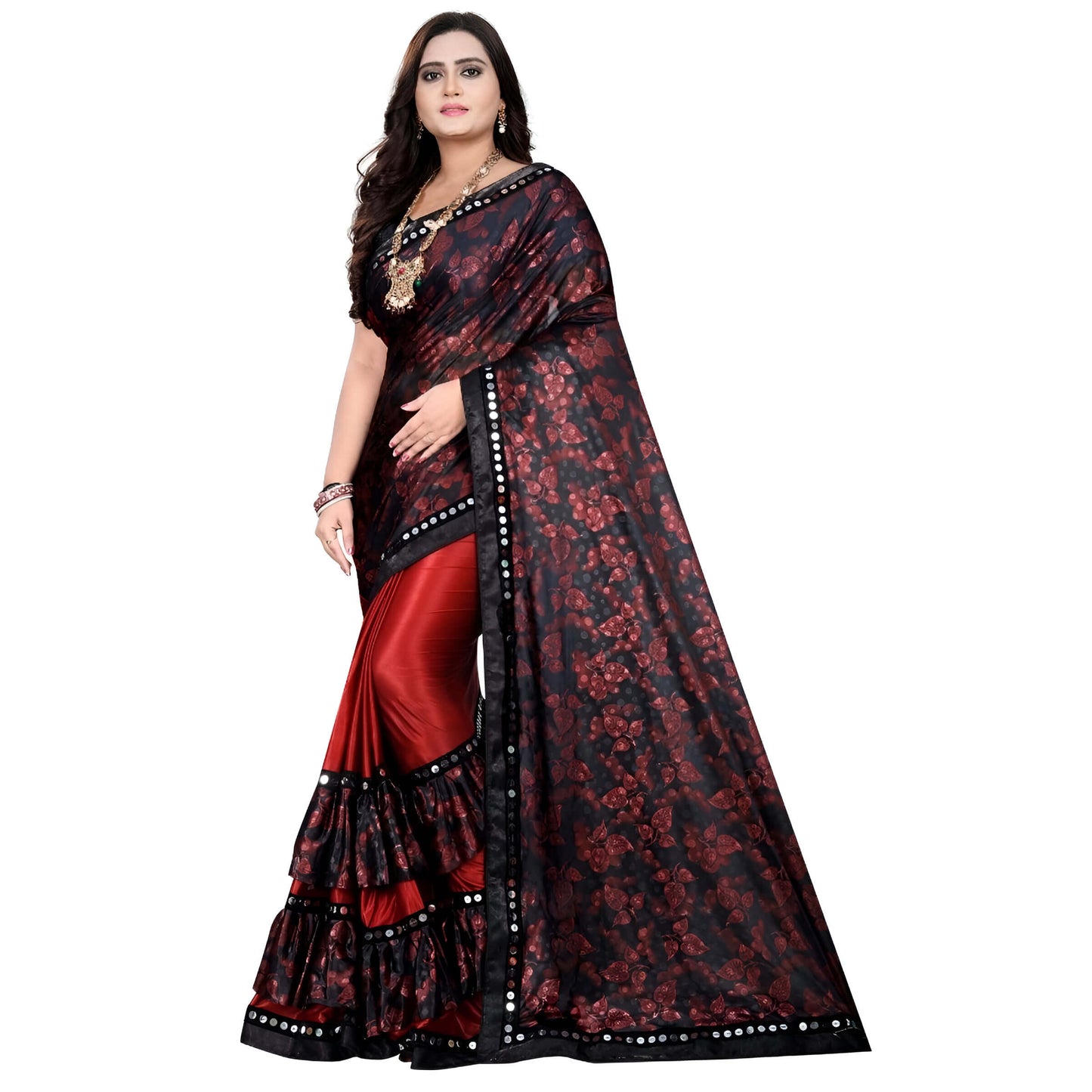 Black lycra blouse fabric with red embellishment samples