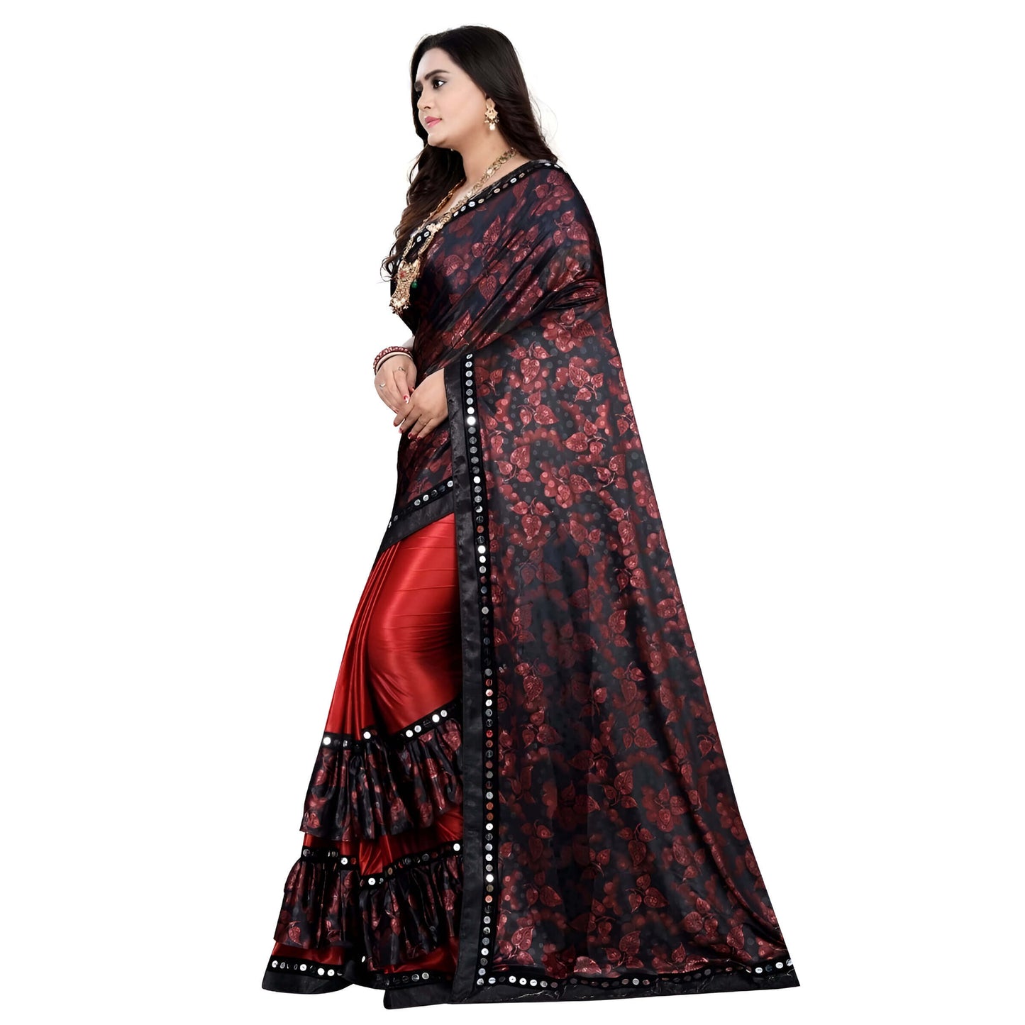 Close-up of lycra blend fabric with maroon floral print