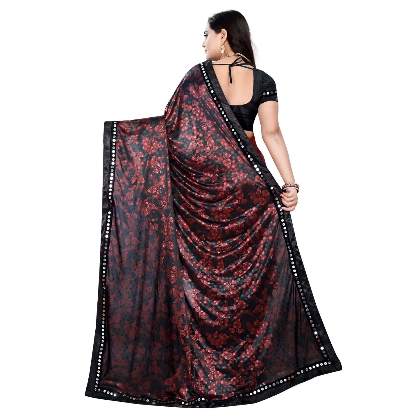 Red-black lycra saree flat lay showing stretch and recovery