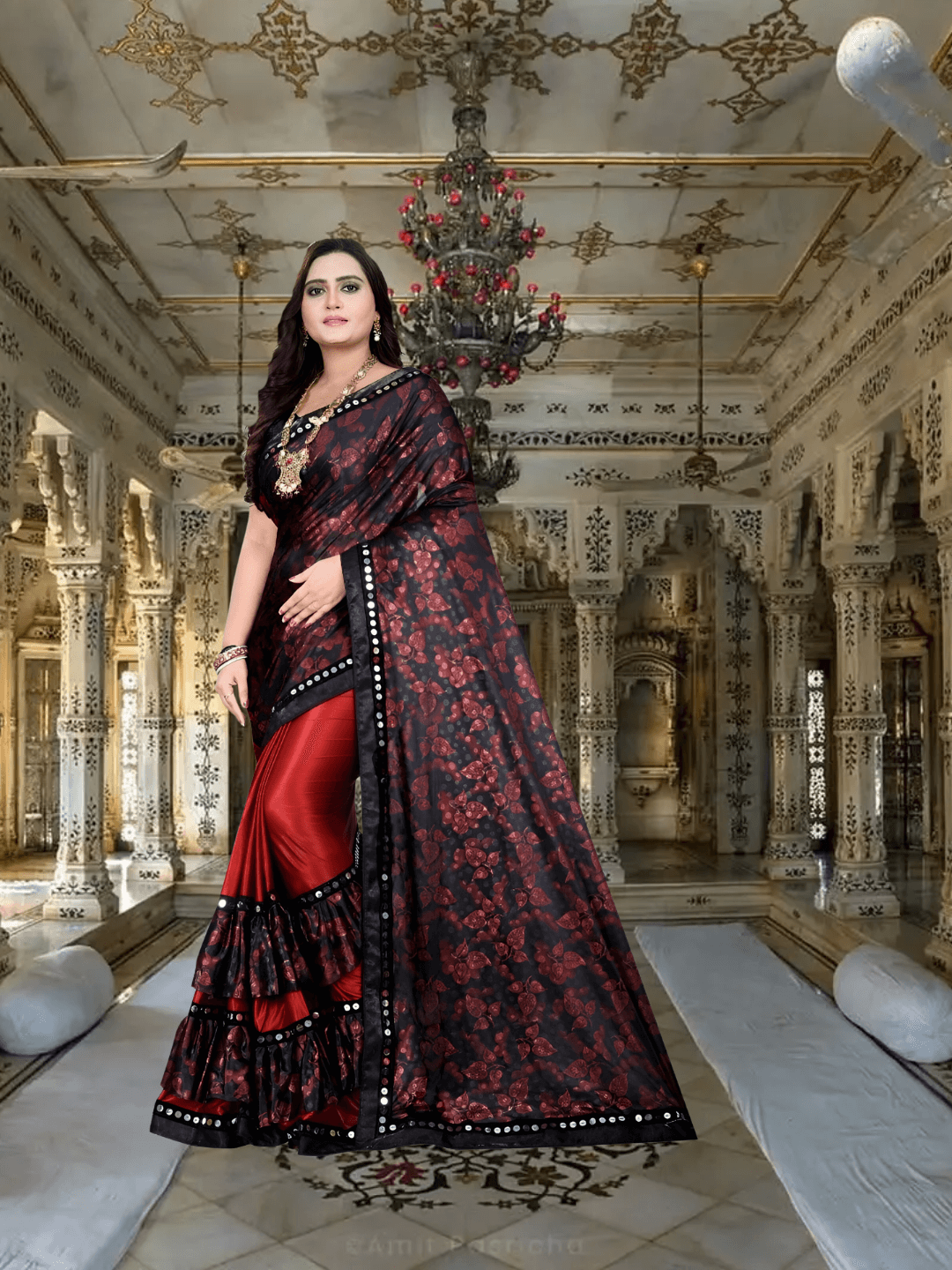 Red-black lycra saree in motion, maroon florals glowing
