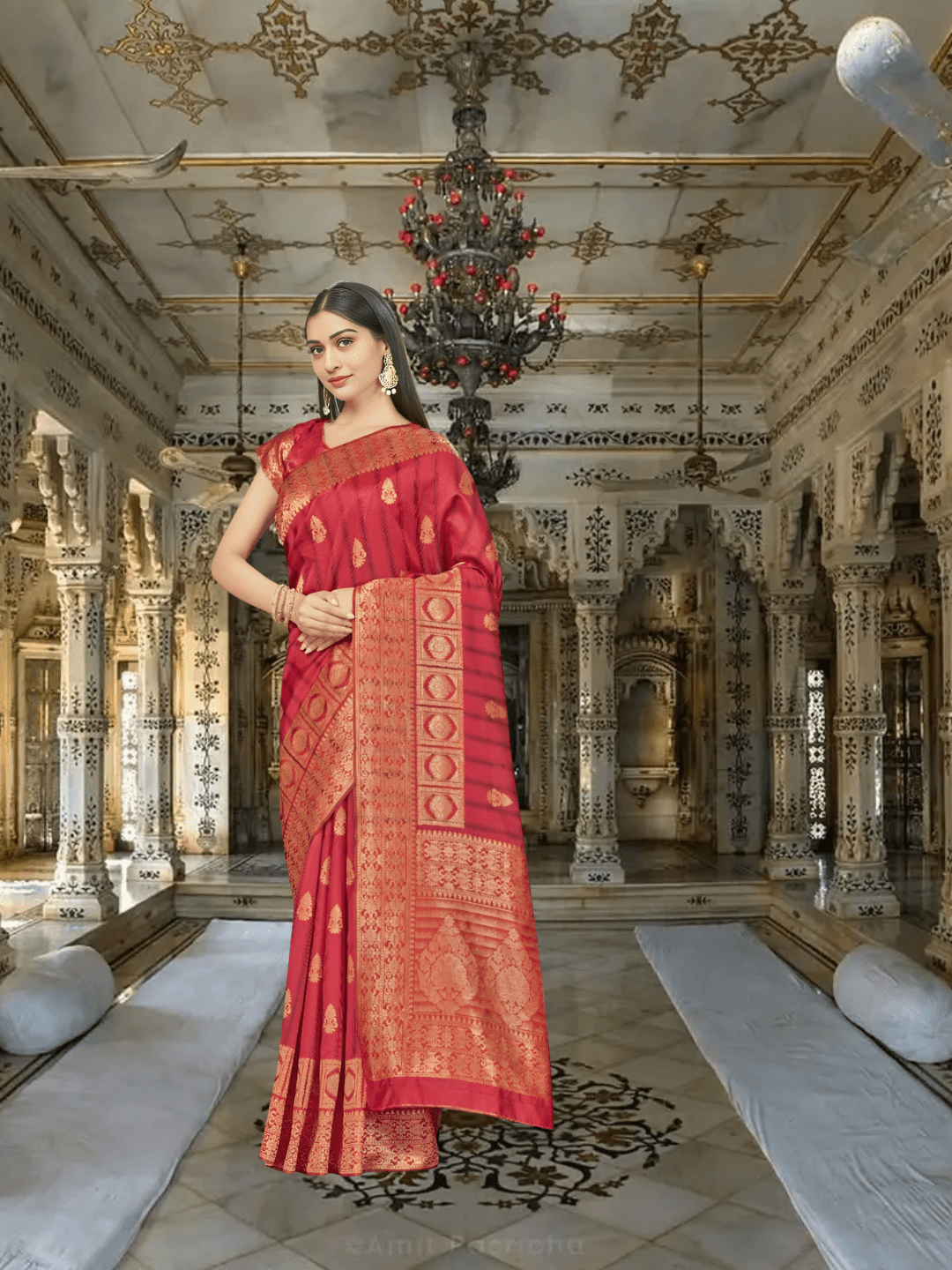 Red Banarasi in wildfire light, gold borders warping like heat mirages