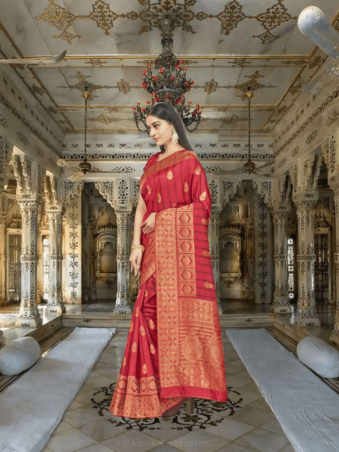 Red Banarasi in wildfire light, gold borders warping like heat mirages