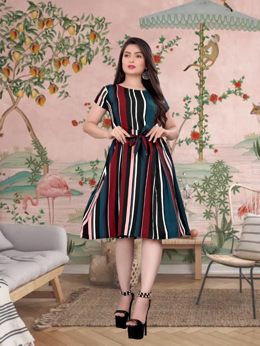 Front view of Celestina's "Scarlet Horizon" Women's Red and Blue Crep Short Sleeve Dress – bold, chic, and striking.