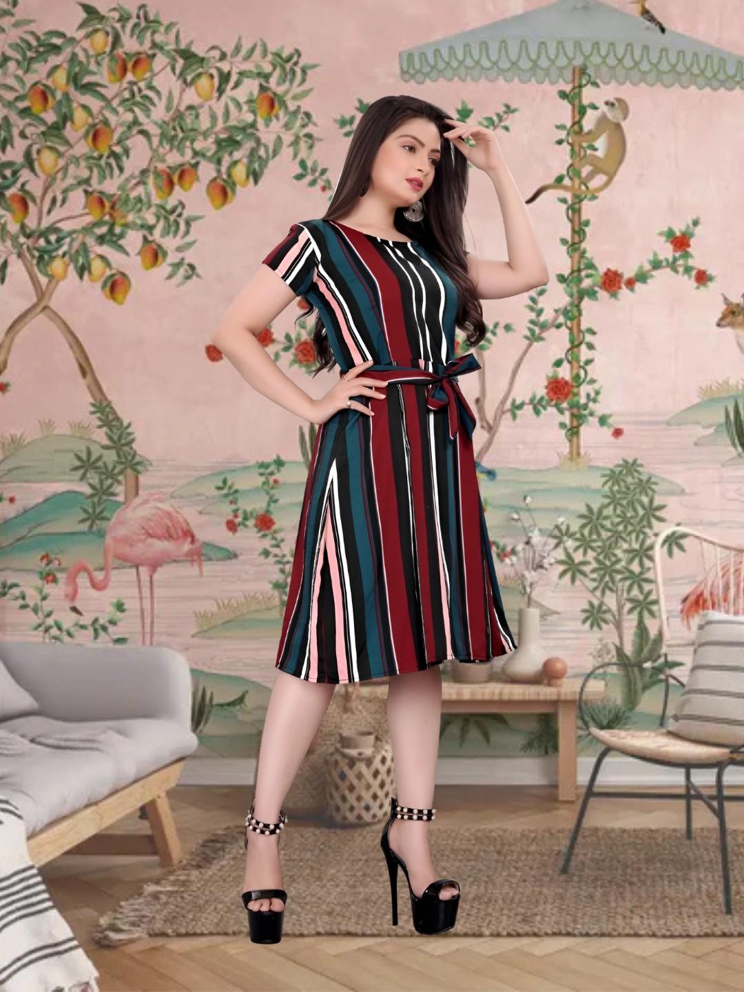 Celestina "Scarlet Horizon" Women's Red and Blue Crep Short Sleeve Dress worn by a model, radiating confidence and style.