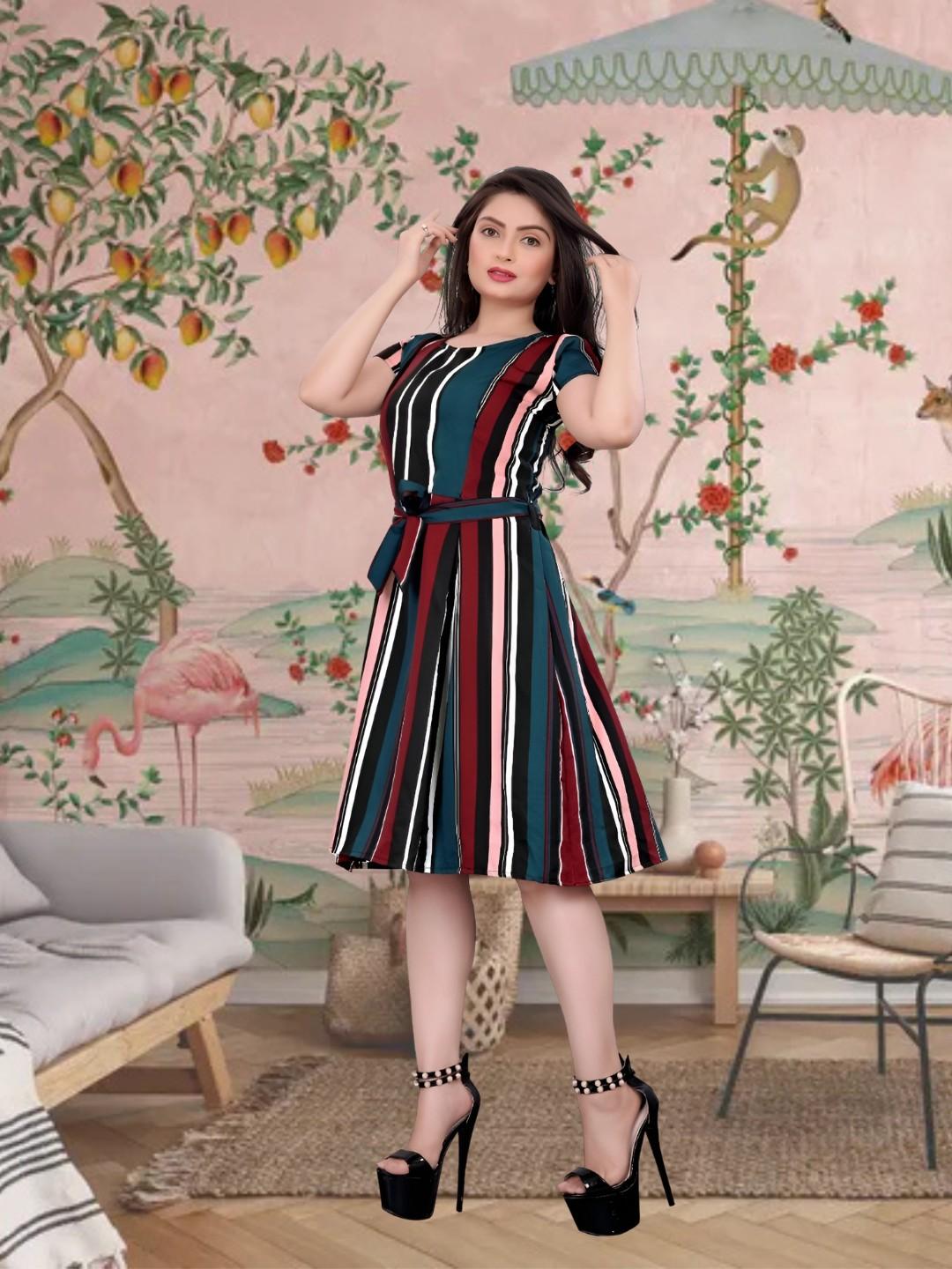 Side view of Celestina's "Scarlet Horizon" Women's Red and Blue Crep Short Sleeve Dress – showcasing its smooth, flowing silhouette.