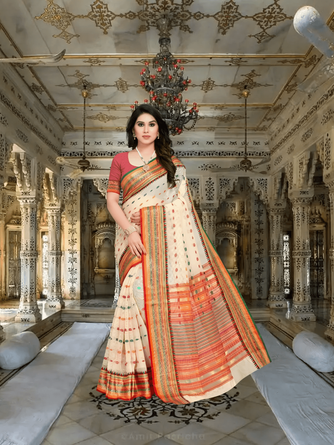 Close-up view of saree border details against cream fabric in a royal indoor setting