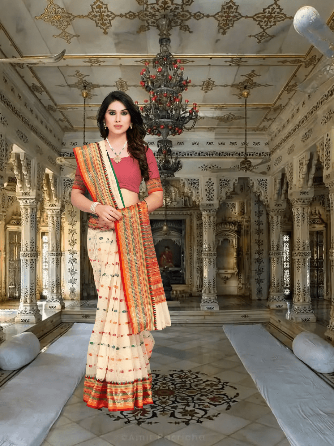 Model draped in cream Kota Doria saree standing gracefully in palace room setting