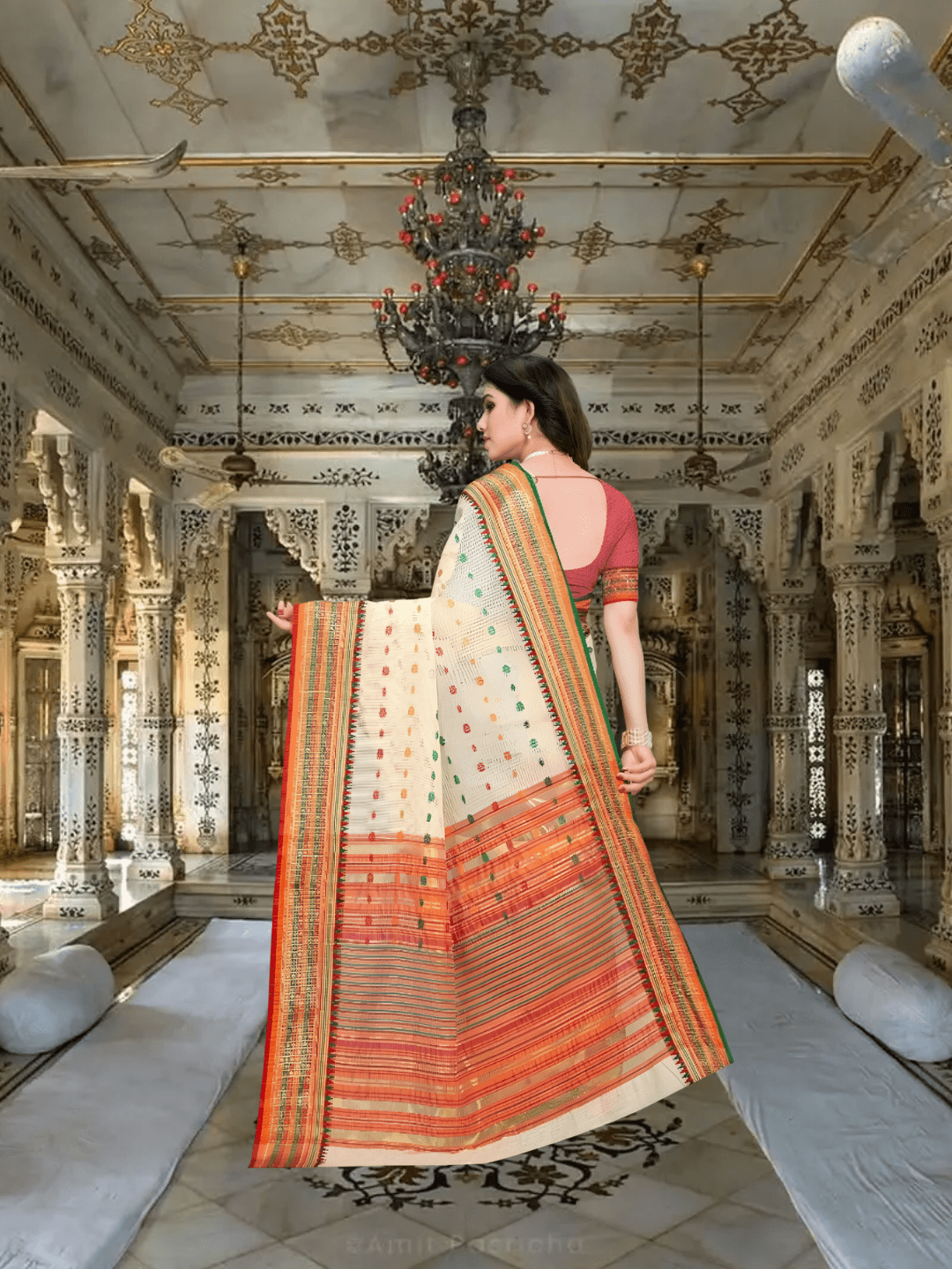 Cream saree pallu gently flowing with soft lighting in palace-inspired backdrop