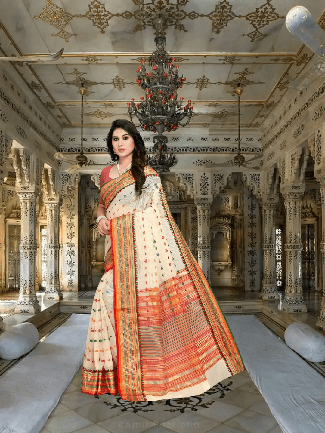 Front-facing pose of cream saree showcasing subtle elegance and border design