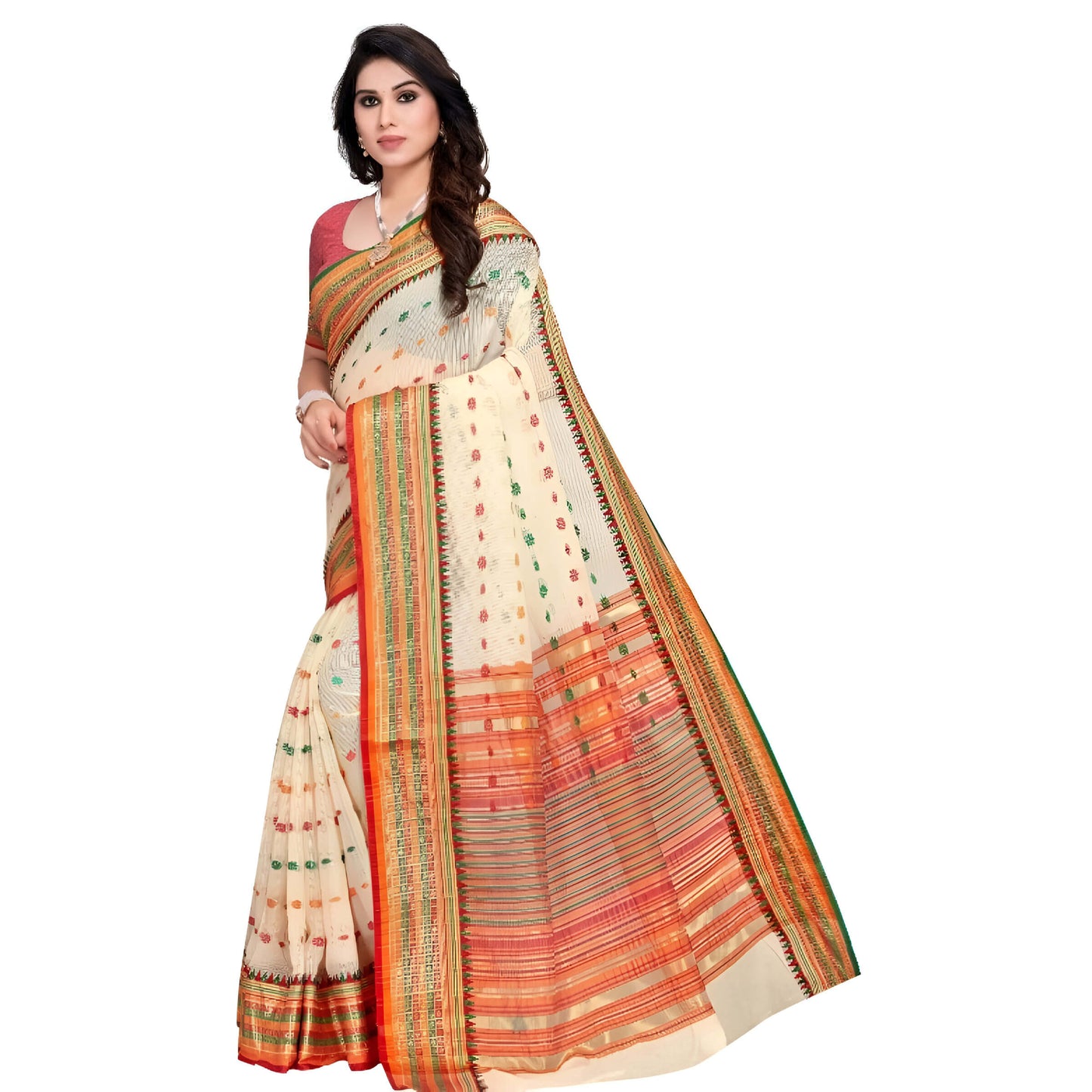 Full view of cream Kota Doria saree neatly draped on mannequin in studio