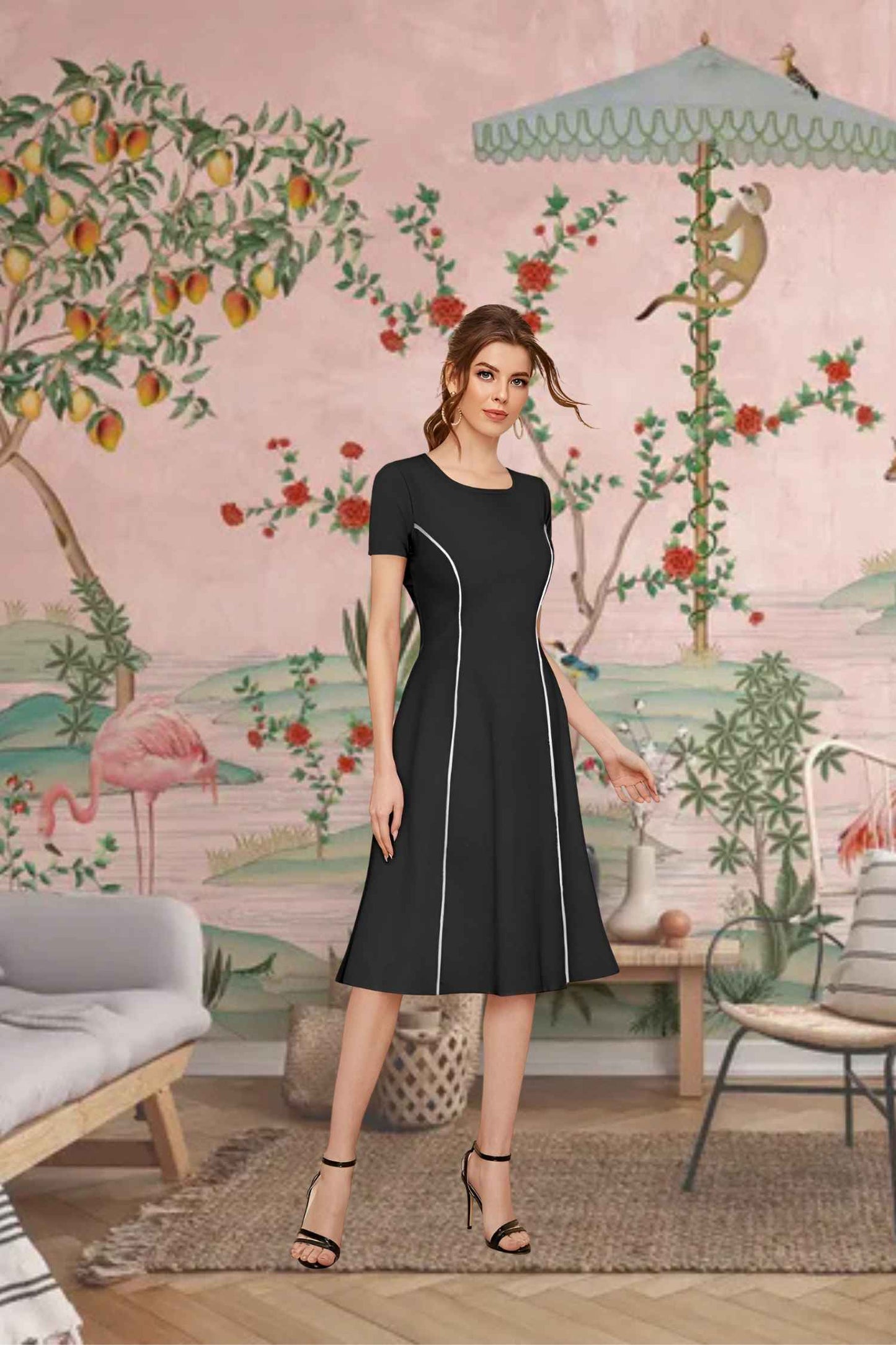 Front pose of the cap-sleeve black stretchable dress