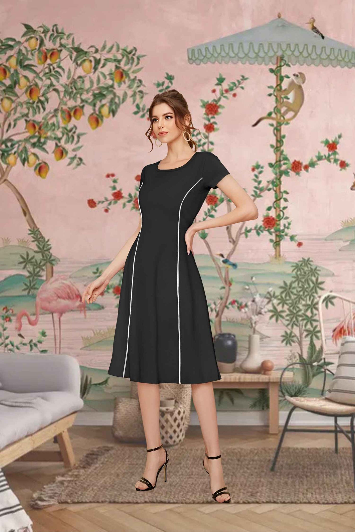 Mid-closeup showing neckline and sleeve flow