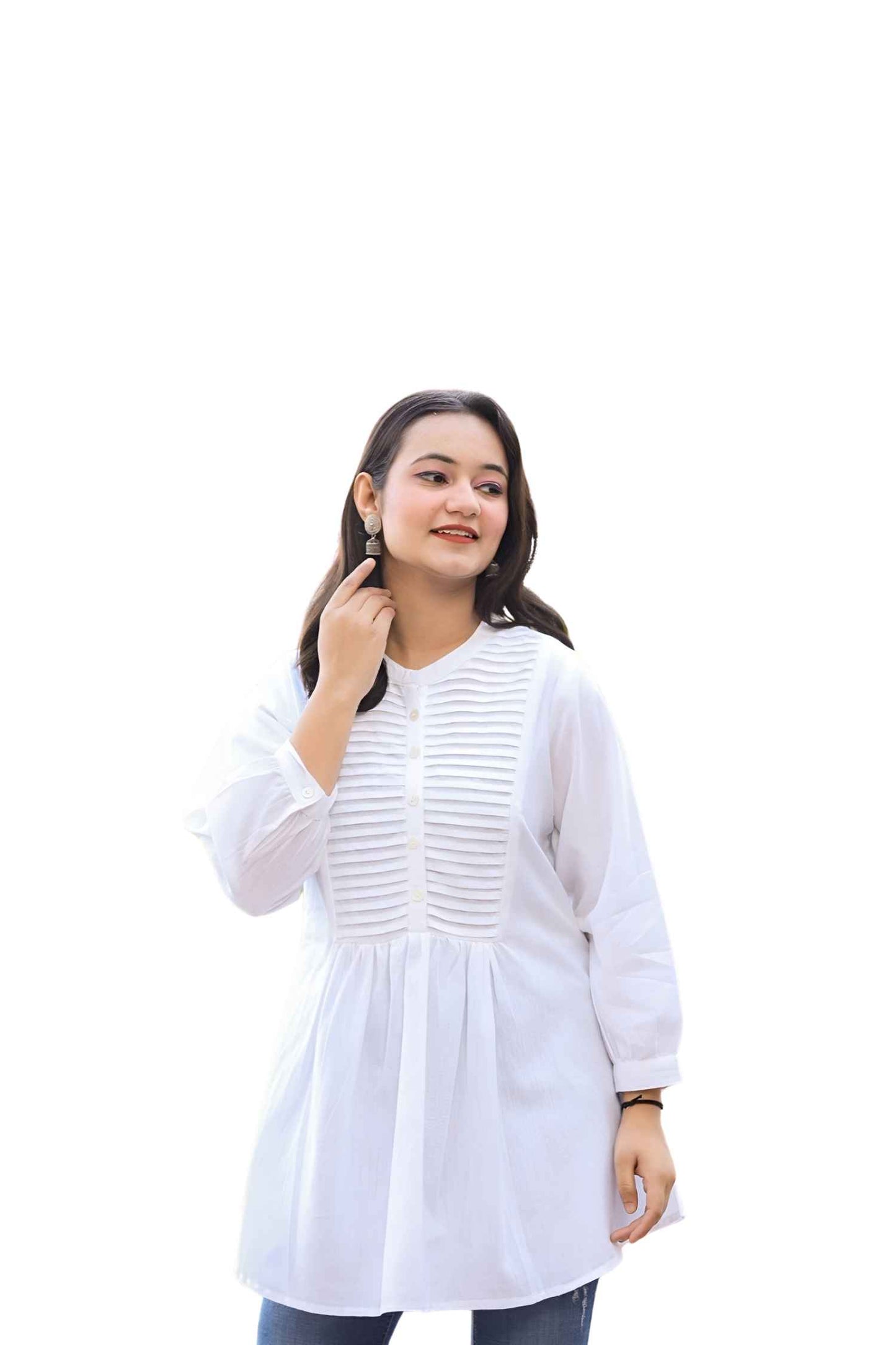 Isolated white tunic front view, crisp band collar standing like a silent sentinel