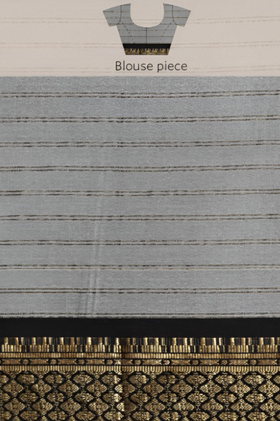 Studio close-up of black-gold bordered blouse detail on soft white saree