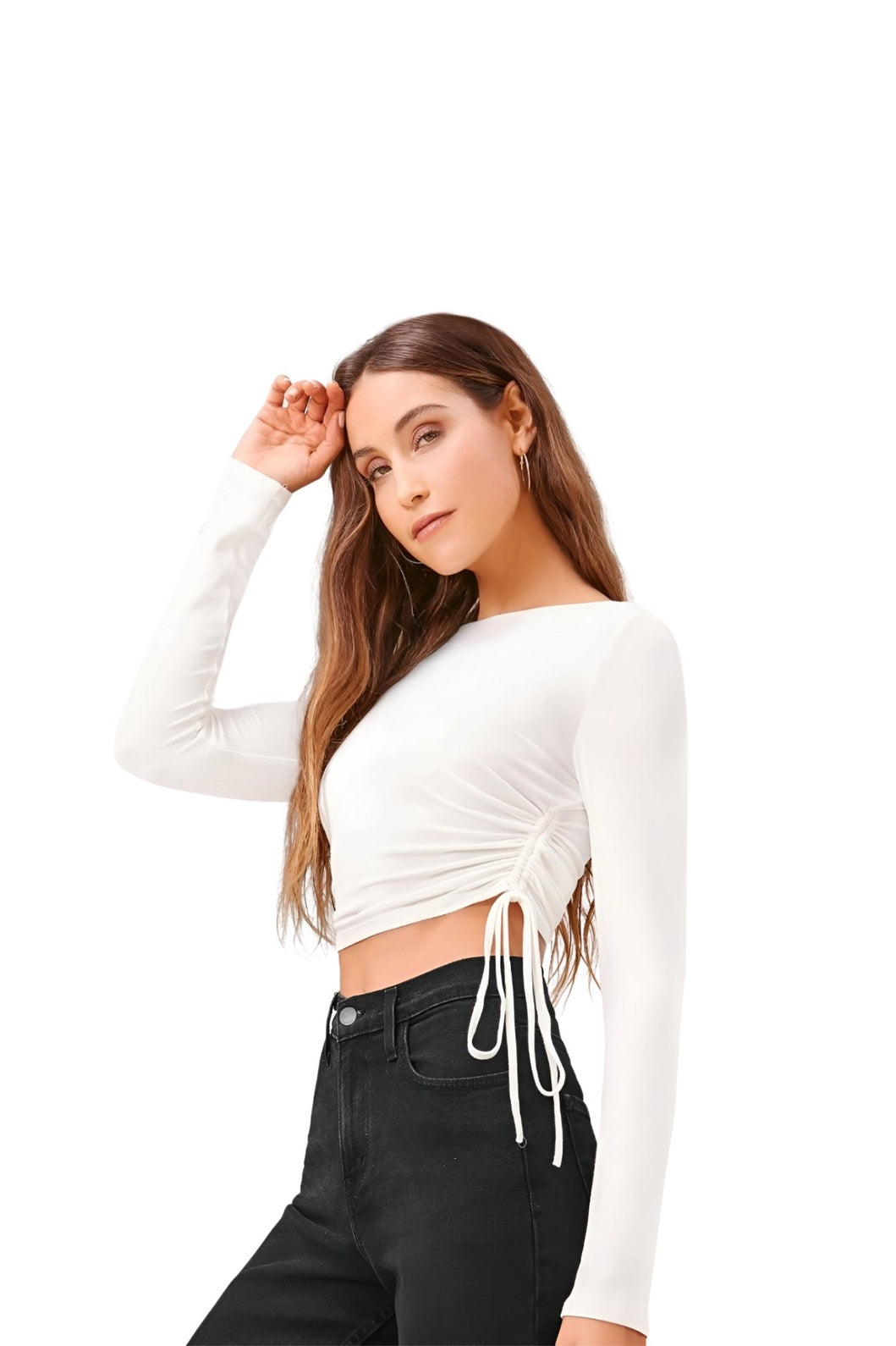 Front studio shot of white round neck polyester women’s top