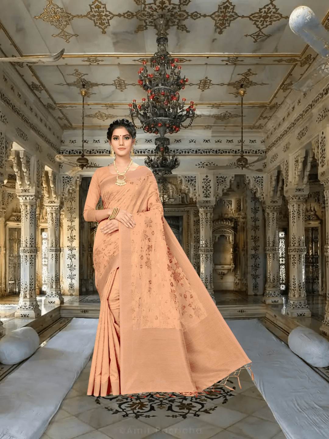 Model in beige Banarasi cotton saree with gold border in palace room