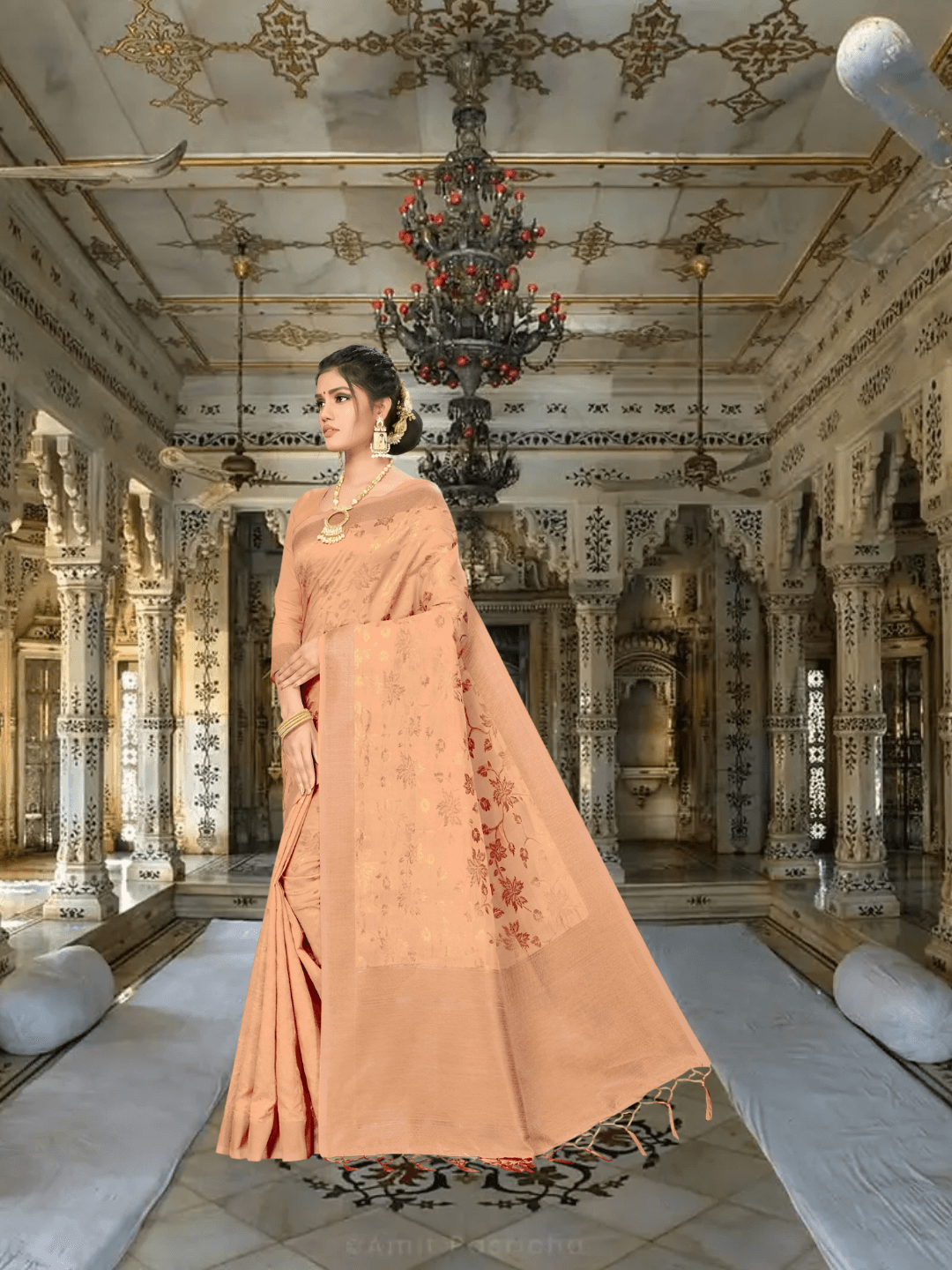 Detailed golden pattern on beige handspun Banarasi cotton saree indoors