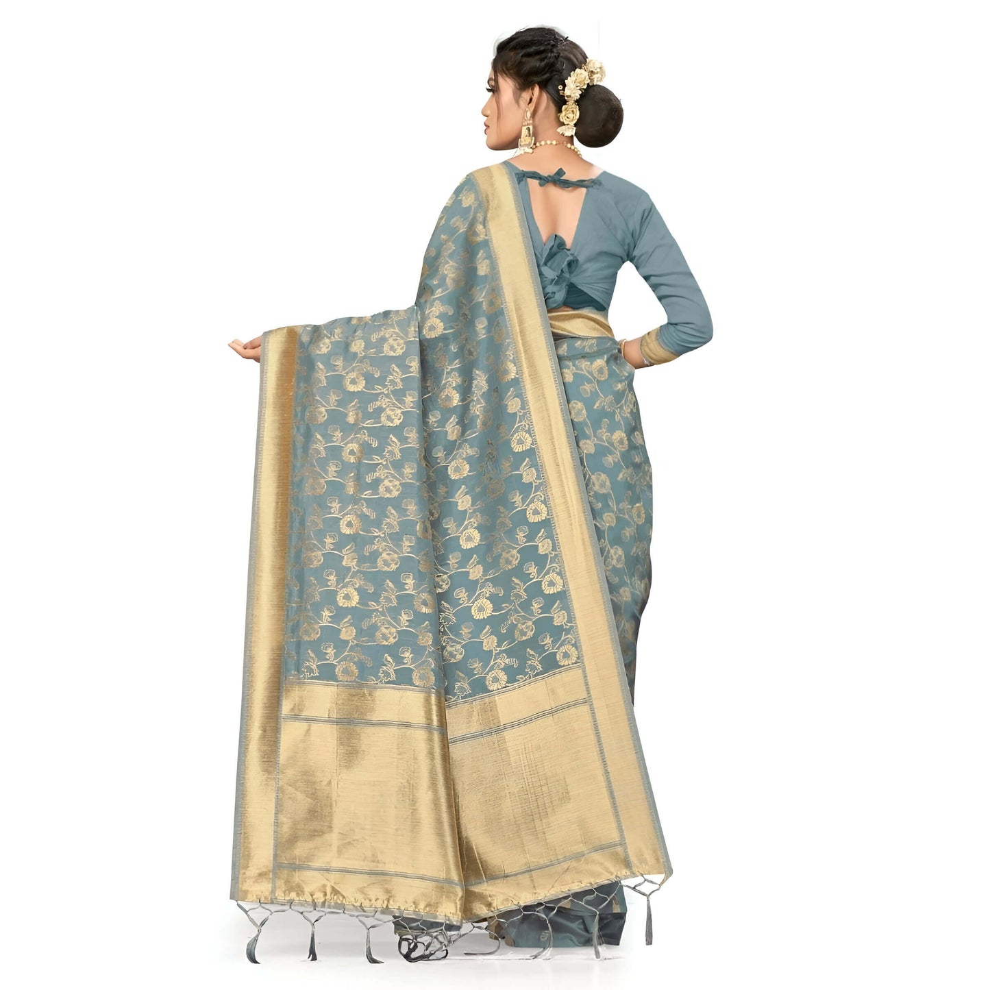 Open pallu of grey Banarasi saree displaying golden motifs on white backdrop