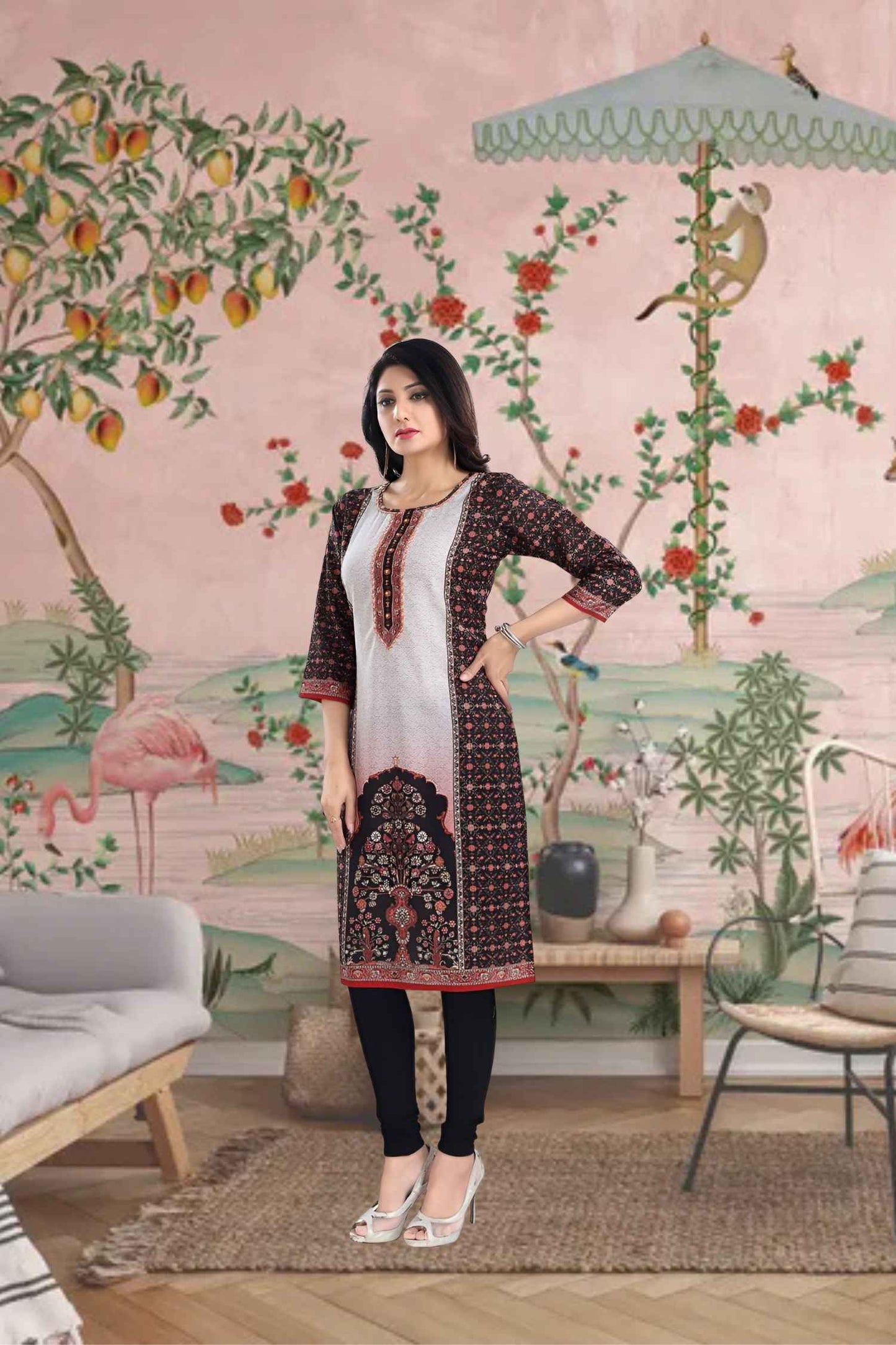 Profile shot where fabric pools like spilled oak gall ink