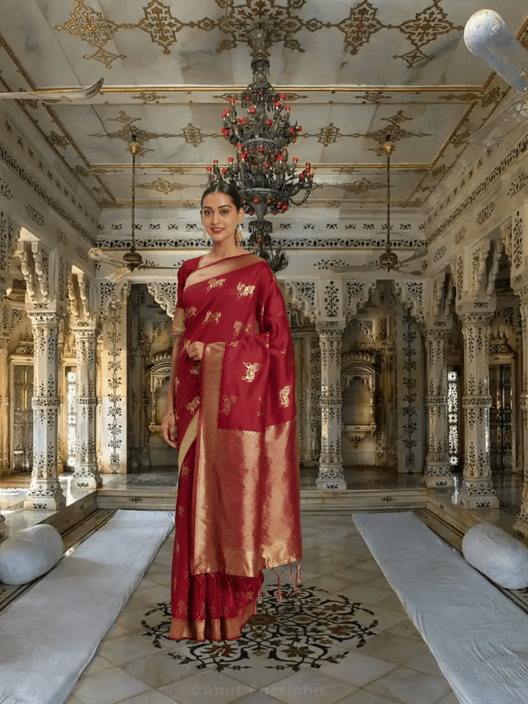 Model in red Banarasi saree with gold motifs standing in a palace-like backdrop