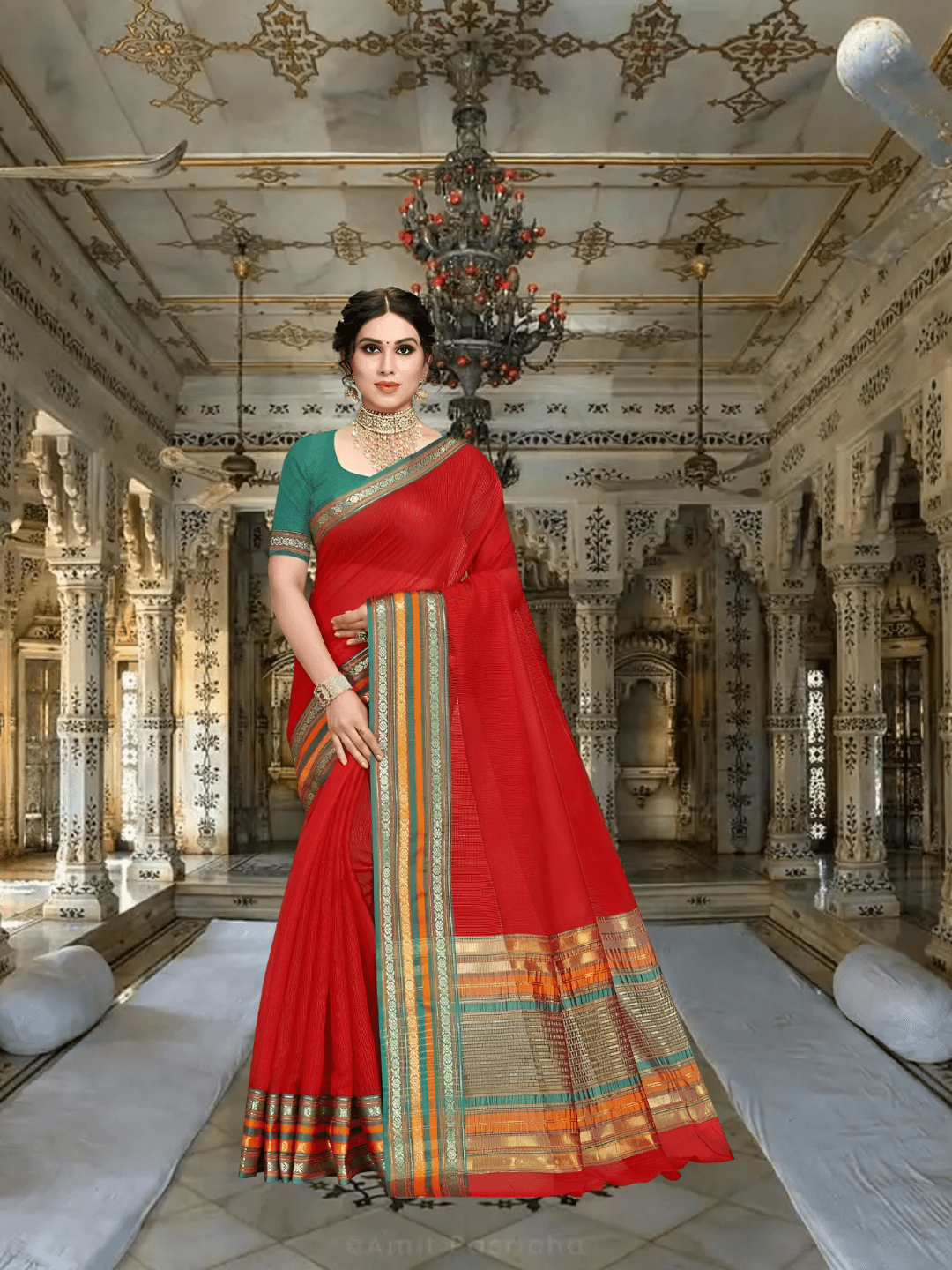 Side pose with soft drape, red-green cotton catching golden hour warmth