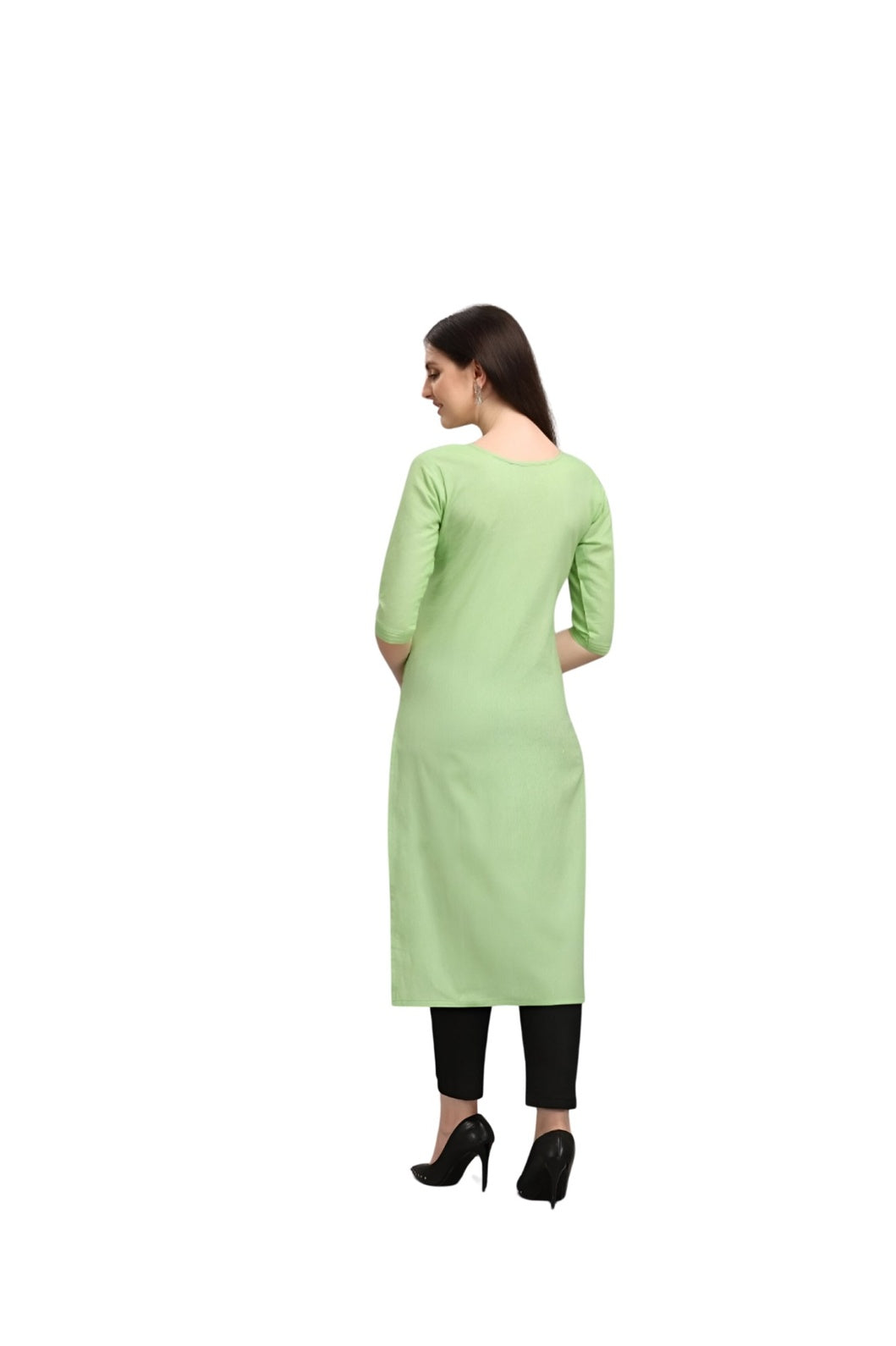 Back studio view of CELESTINA pista green kurti