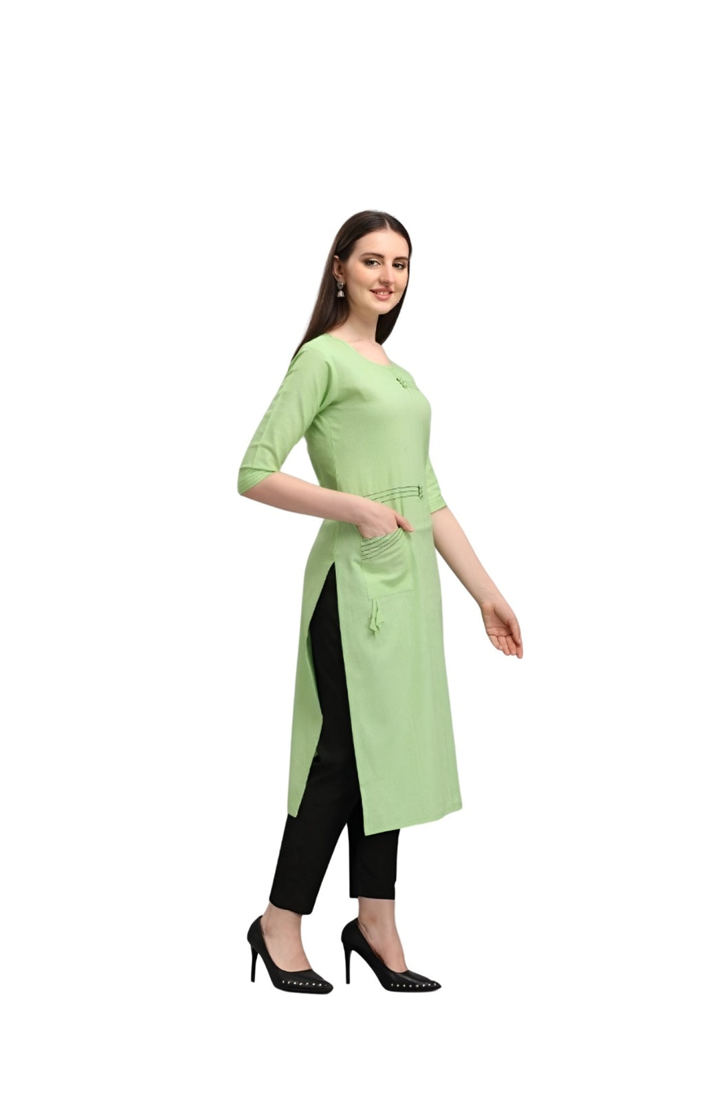 Left profile studio shot of pista straight kurti